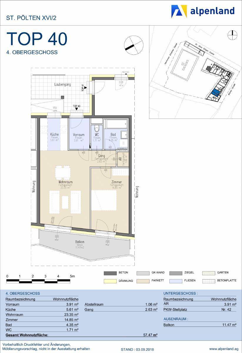 Detaillierter Grundriss einer Wohnung im 4. Obergeschoss mit Balkon und mehreren Zimmern.