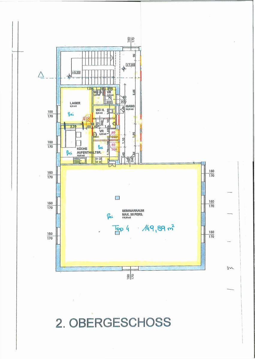 Grundriss des 2. Obergeschosses mit einem großen Raum von 149,89 m² und angrenzenden Nebenräumen.