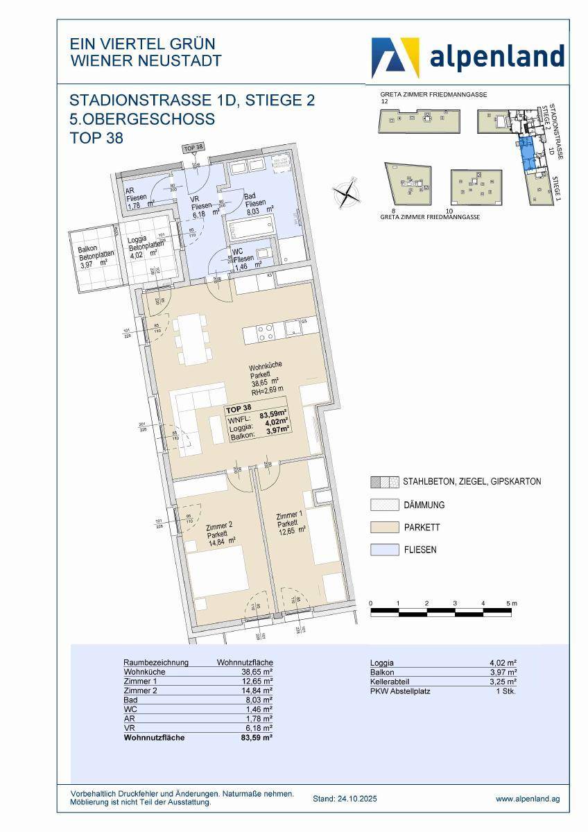 Detaillierter Grundriss der Wohnung TOP 38 mit Loggia, zwei Schlafzimmern und offenem Wohnbereich.