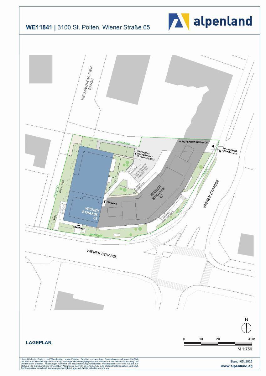 Lageplan der Immobilie, der die Position des Gebäudes und die umliegenden Straßen zeigt.