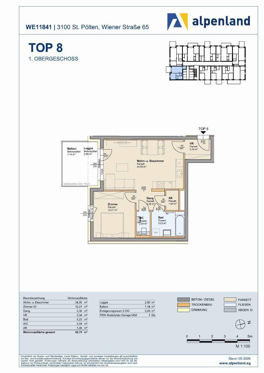 Grundriss einer Wohnung im ersten Obergeschoss mit offenem Wohnbereich, Balkon und Loggia.