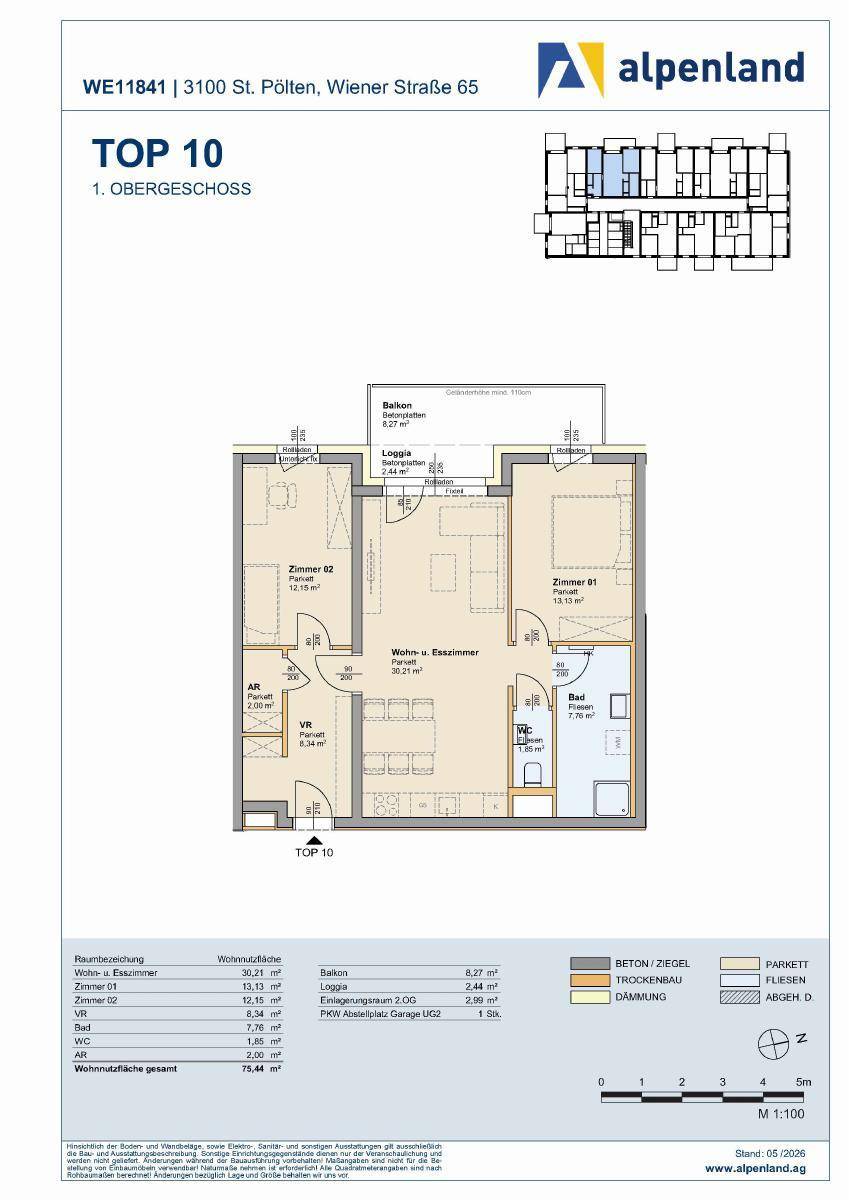 Grundriss der Wohnung TOP 10 im ersten Obergeschoss mit Balkon und offener Wohnküche.