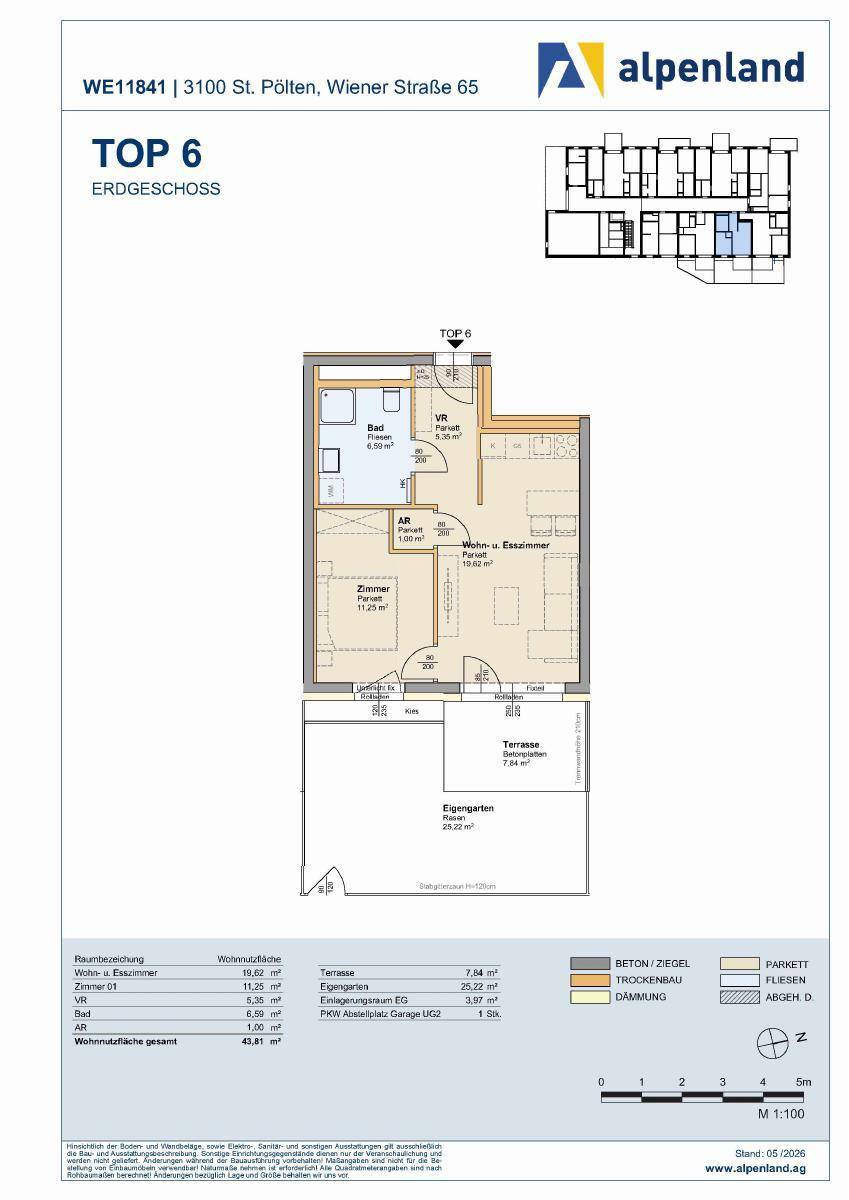 Grundriss der Erdgeschosswohnung TOP 6 mit offenem Wohnbereich, Terrasse und eigenem Garten.
