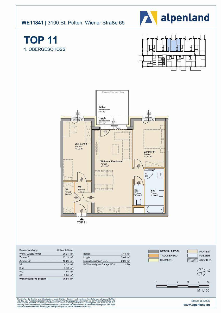 Detaillierter Grundriss einer Wohnung im ersten Obergeschoss mit Balkon.