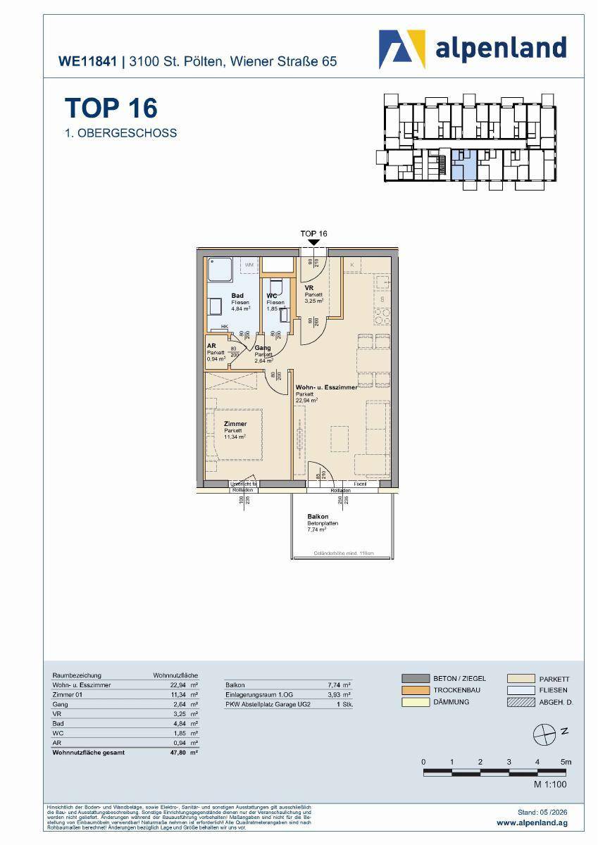 Grundriss der Wohnung TOP 16 im Obergeschoss mit Balkon und offenem Wohnbereich.
