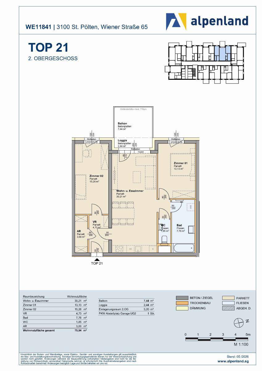 Grundriss der Wohnung TOP 21 im zweiten Obergeschoss mit Loggia und Badewanne.