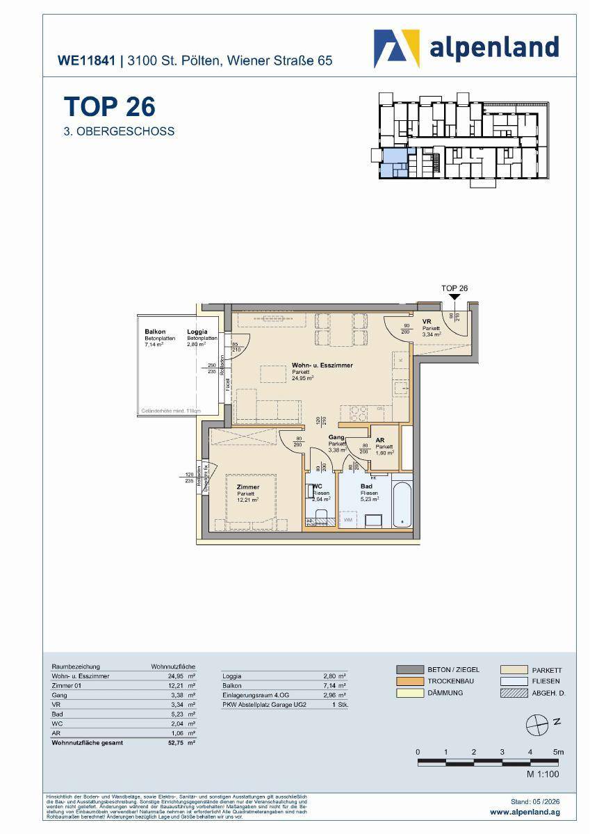 Grundriss der Wohnung TOP 26 im 3. Obergeschoss mit Wohn-Esszimmer, Schlafzimmer und Loggia.