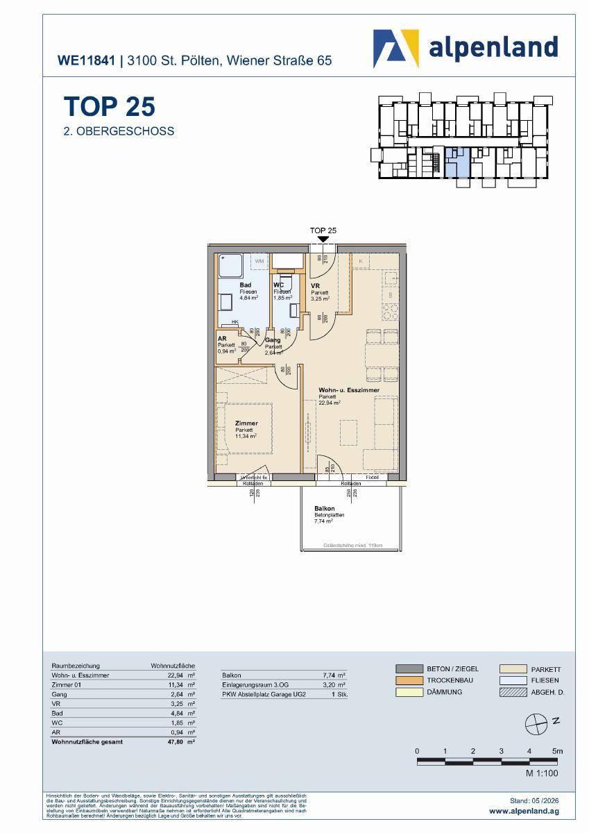 Grundriss der Wohnung TOP 25 im zweiten Obergeschoss mit offenem Wohn-Essbereich und Balkon.