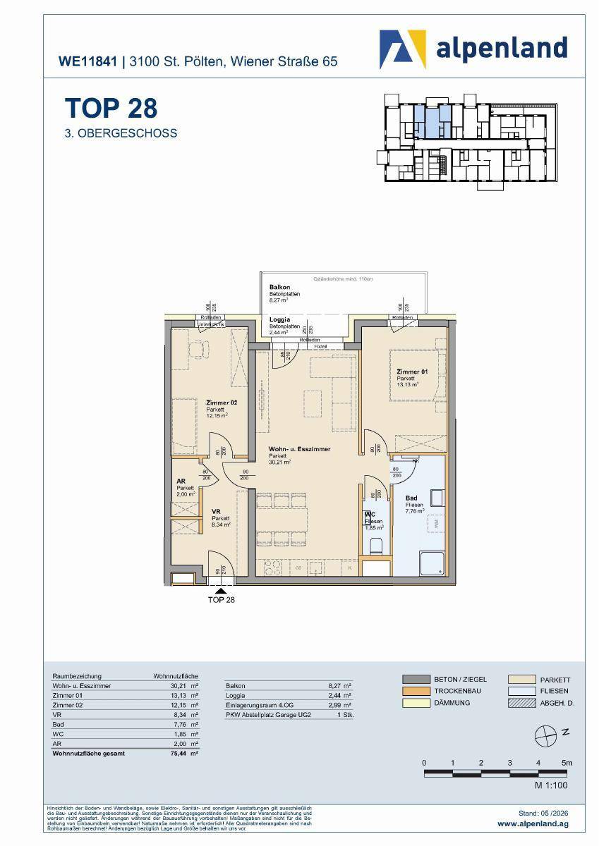 Grundriss der Wohnung TOP 28 im dritten Obergeschoss mit Balkon und Loggia.