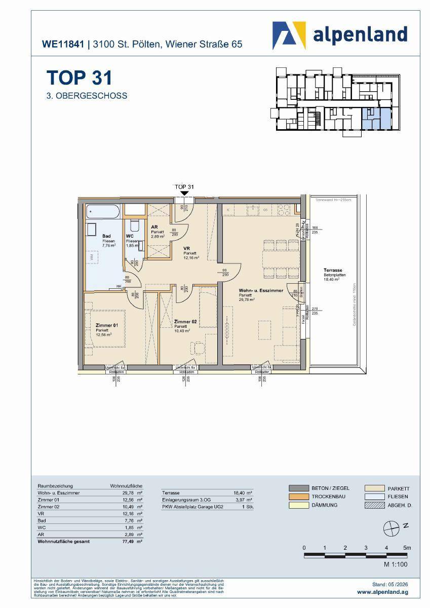 Grundriss der Wohnung TOP 31 im 3. Obergeschoss mit zwei Schlafzimmern und Terrasse.
