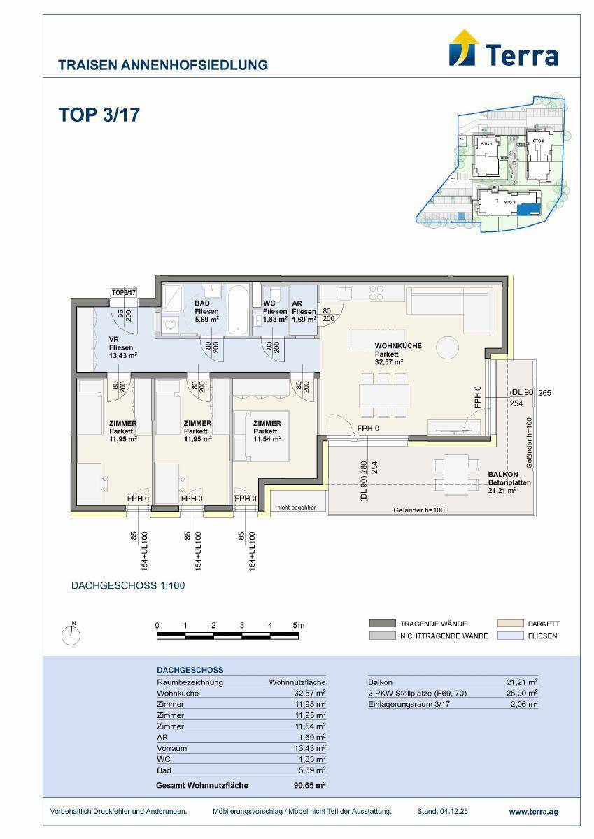 Detaillierter Grundriss der Wohnung TOP 3/17 mit Raumaufteilung und Balkon.