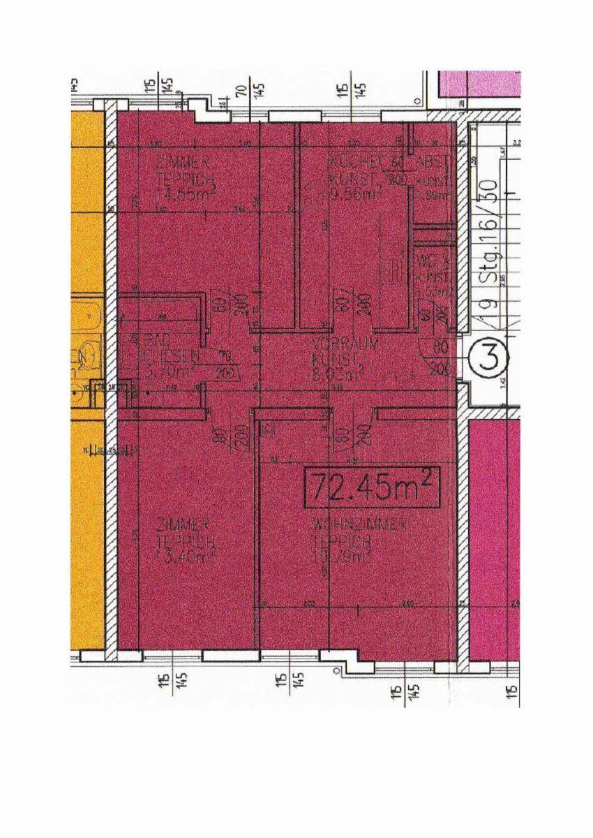 Farbiger Grundriss einer Wohnung mit mehreren Zimmern und einer Gesamtfläche von 72.45m².