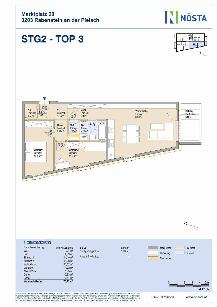 Grundriss einer modernen Obergeschosswohnung mit zwei Schlafzimmern, offenem Wohnbereich und Balkon.