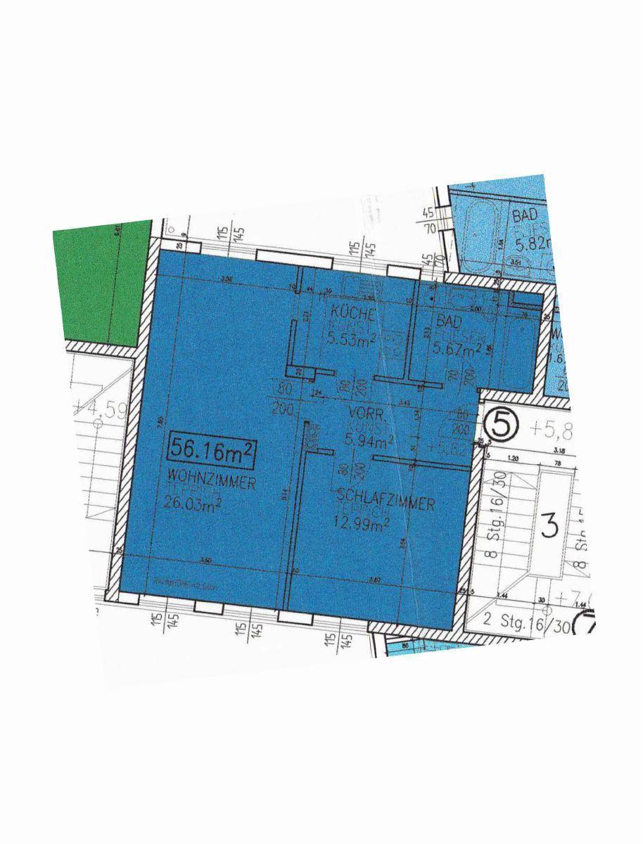 Farbiger Grundriss einer Wohnung mit Wohnzimmer, Küche, Schlafzimmer und Bad.