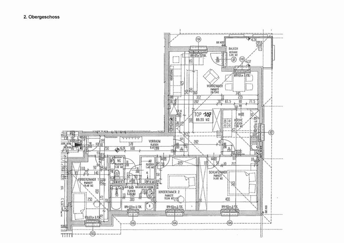 Grundriss einer Wohnung im 2. Obergeschoss mit offenem Wohnbereich, zwei Schlafzimmern und Balkon.