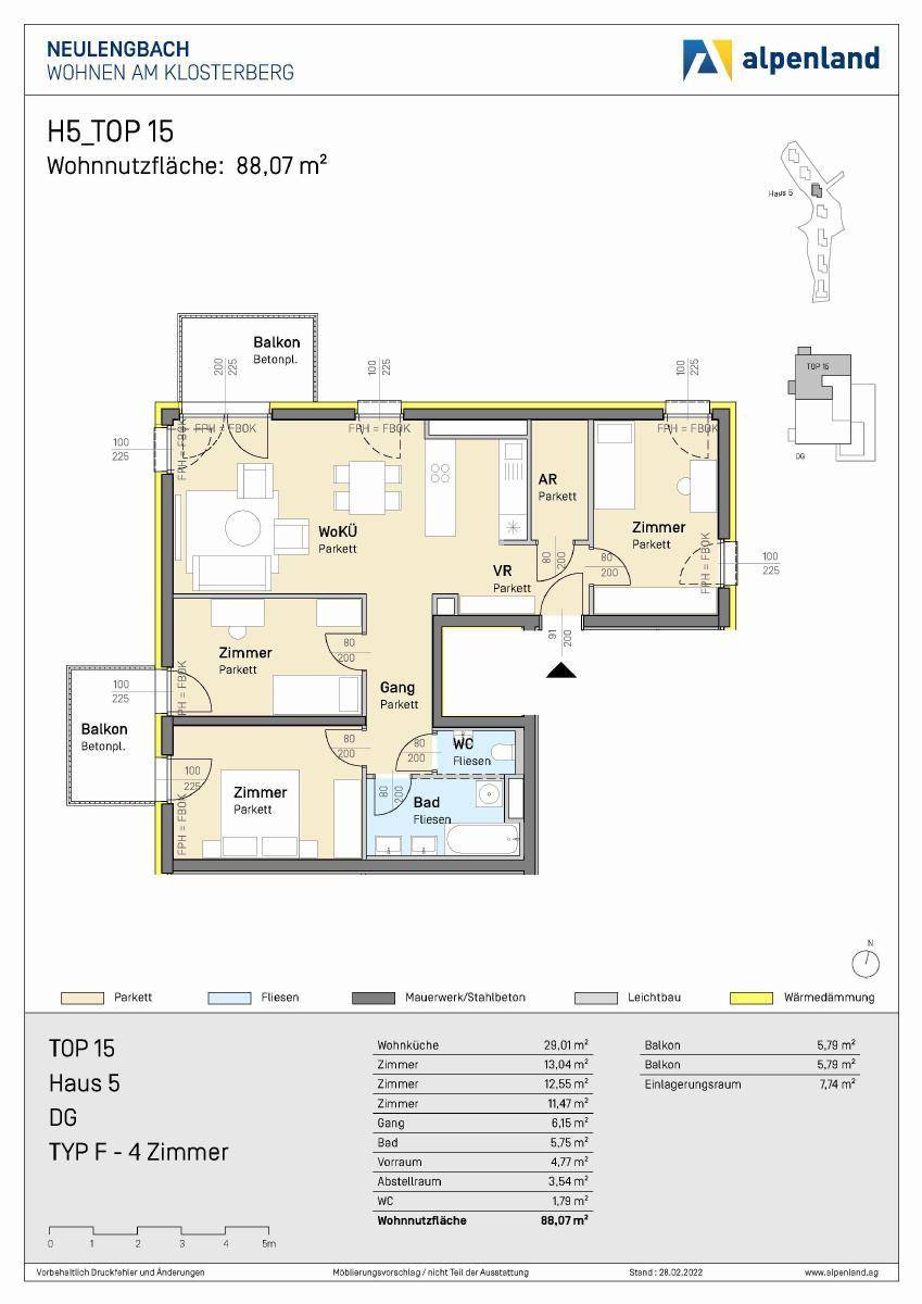 Detaillierter Grundriss der Wohnung H5.TOP 15 mit 88,07 m² Wohnfläche und zwei Balkonen.