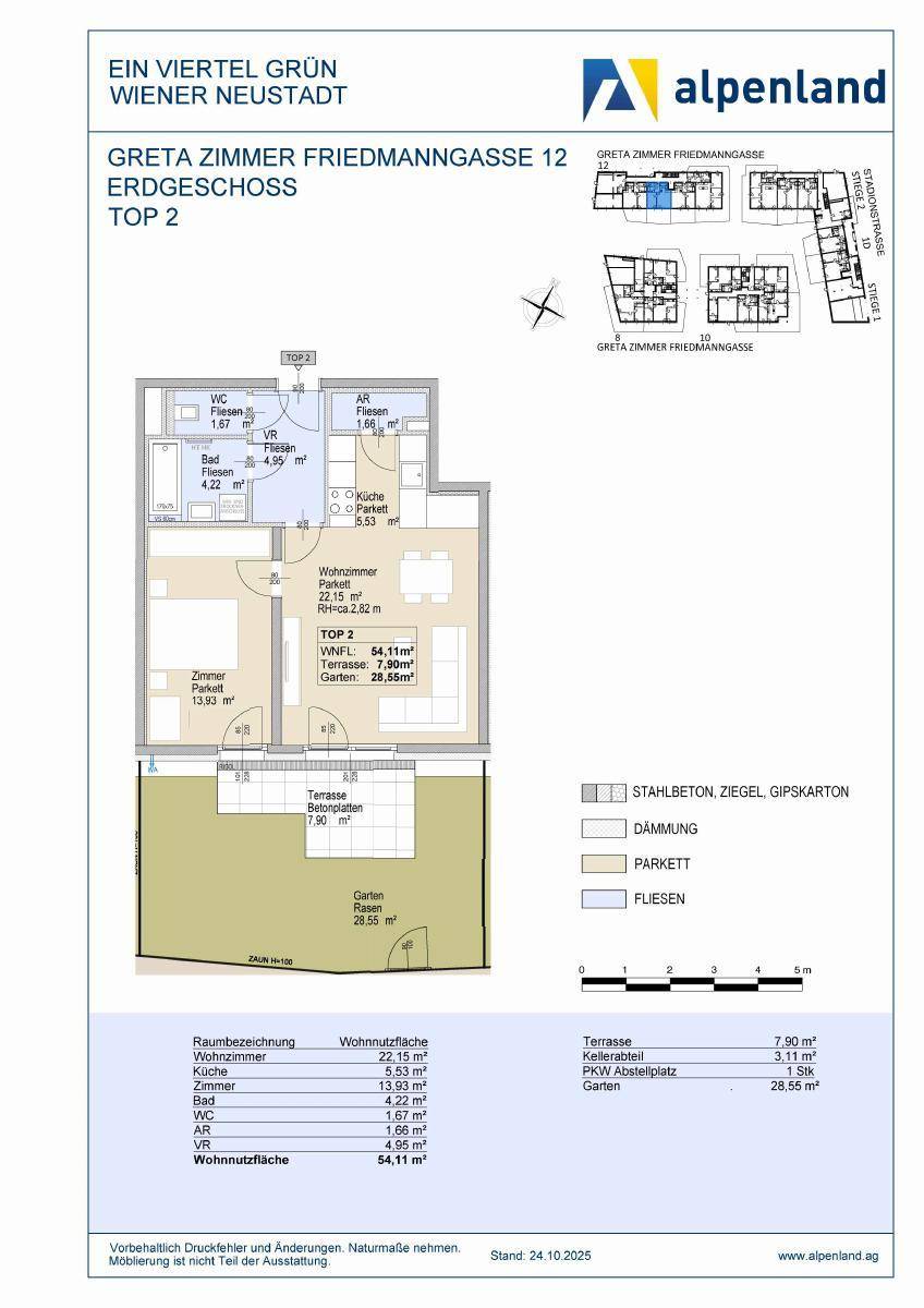 Detaillierter Grundriss der Erdgeschosswohnung TOP 2 mit Terrasse und eigenem Gartenbereich.