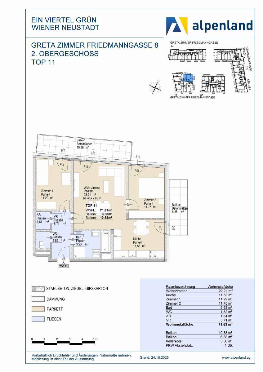Detaillierter Grundriss der Wohnung TOP 11 im zweiten Obergeschoss mit Balkon und Raumaufteilung.