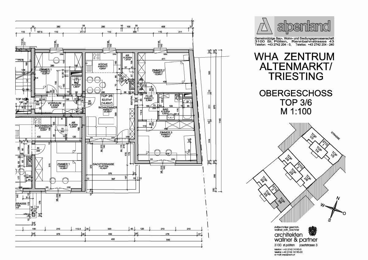Detaillierter Grundriss einer Obergeschosswohnung mit drei Zimmern, Balkon und offener Küche.