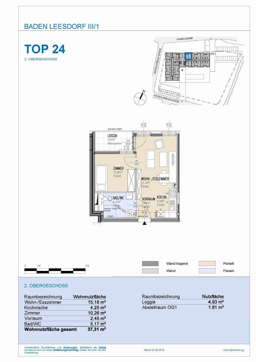 Grundriss der Wohnung TOP 24 im 2. Obergeschoss mit offener Wohnküche und Loggia.