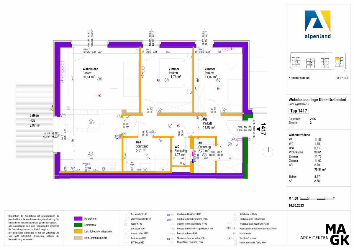 Grundriss einer Wohnung mit Wohnküche, zwei Zimmern, Bad, WC und Balkon.