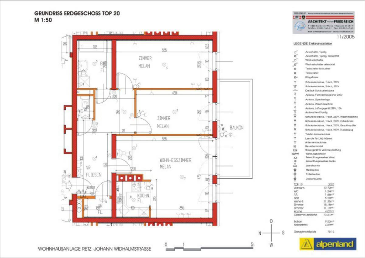 Grundriss einer Erdgeschosswohnung mit Wohn-Esszimmer, Küche, zwei Zimmern, Bad, WC und Balkon.