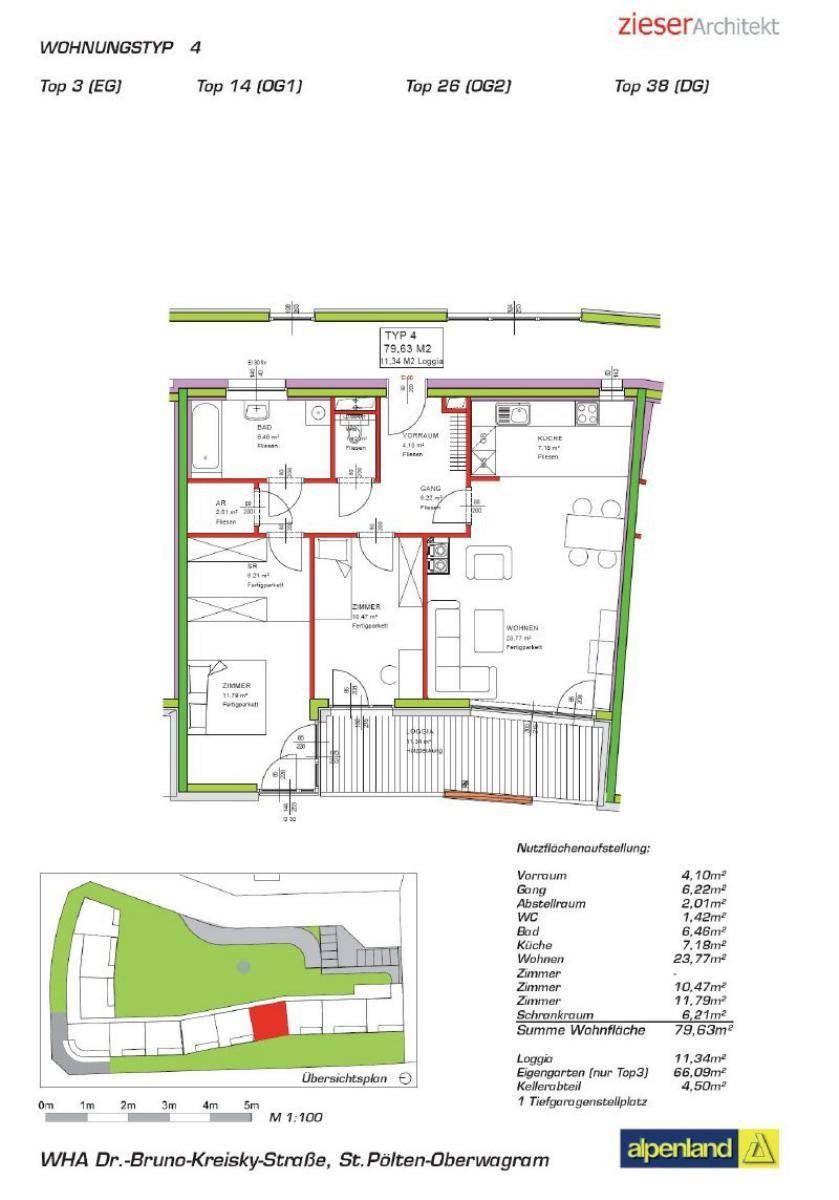 Detaillierter Grundriss einer Wohnung mit Loggia und separaten Räumen, inklusive Flächenangaben.