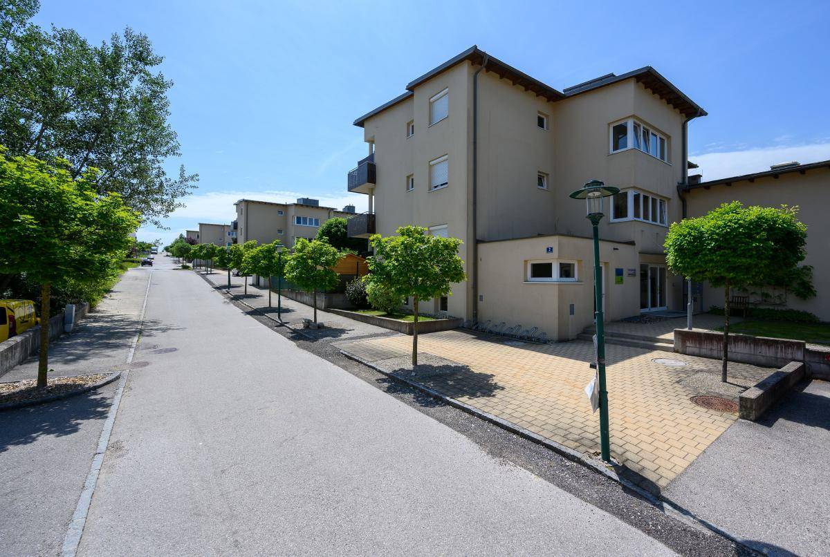 Wohngebäude von der Straße aus gesehen mit gepflastertem Eingangsbereich und jungen Bäumen.