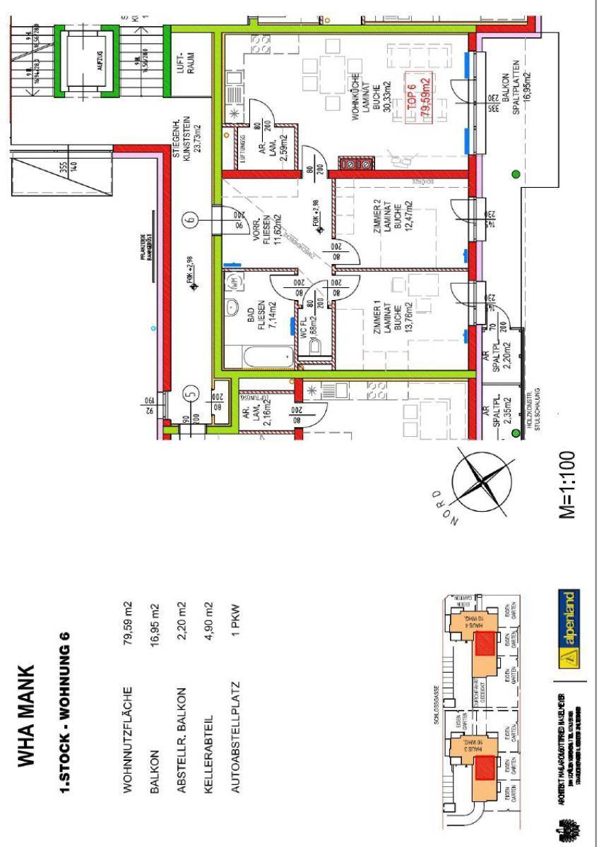 Detaillierter Grundriss einer Wohnung mit offener Wohnküche, Schlafzimmern und Balkon.