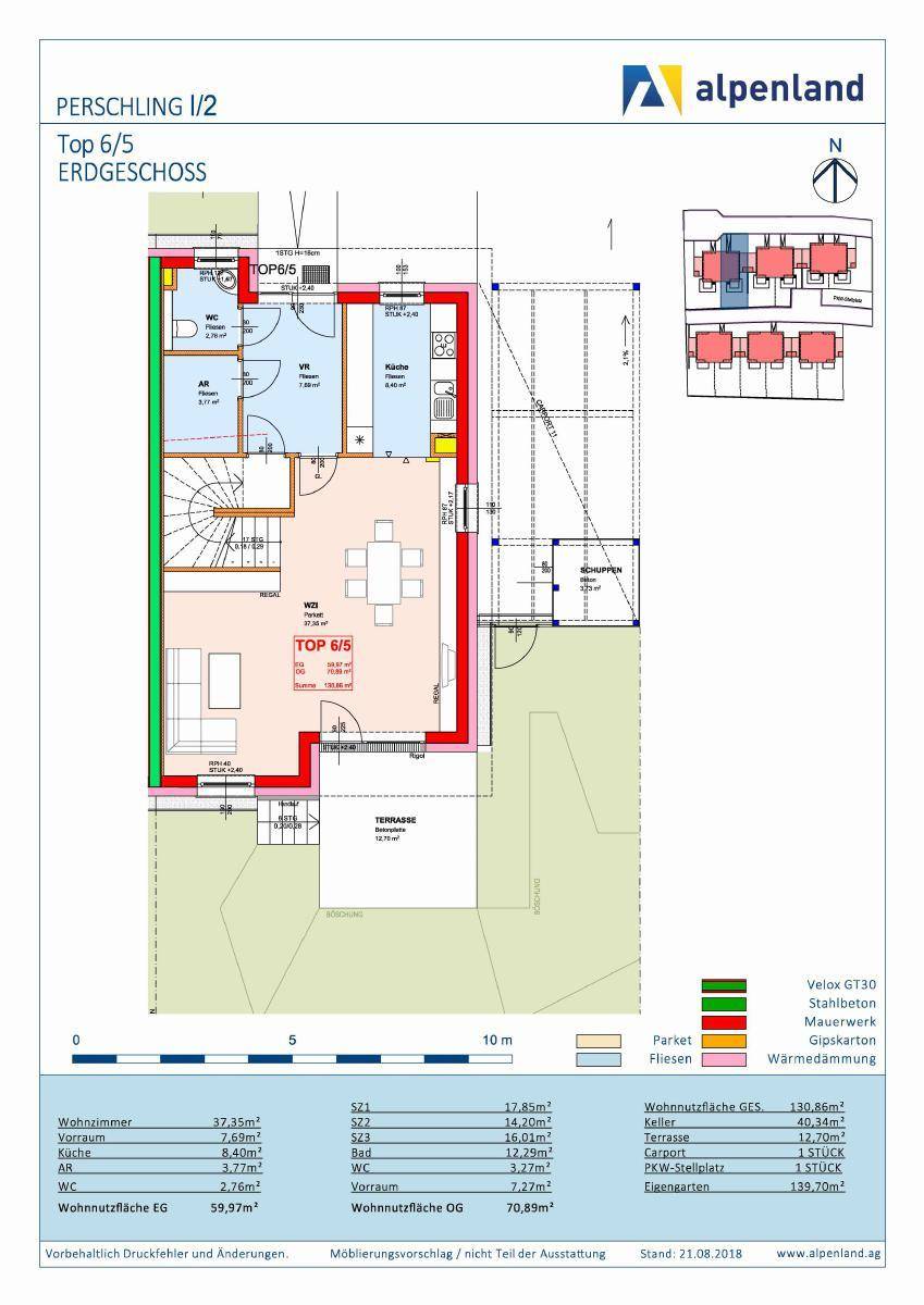 Grundriss des Erdgeschosses zeigt eine Wohnung mit offenem Wohnbereich, Küche, Bad, WC, drei Schlafzimmern, Terrasse und Garten.