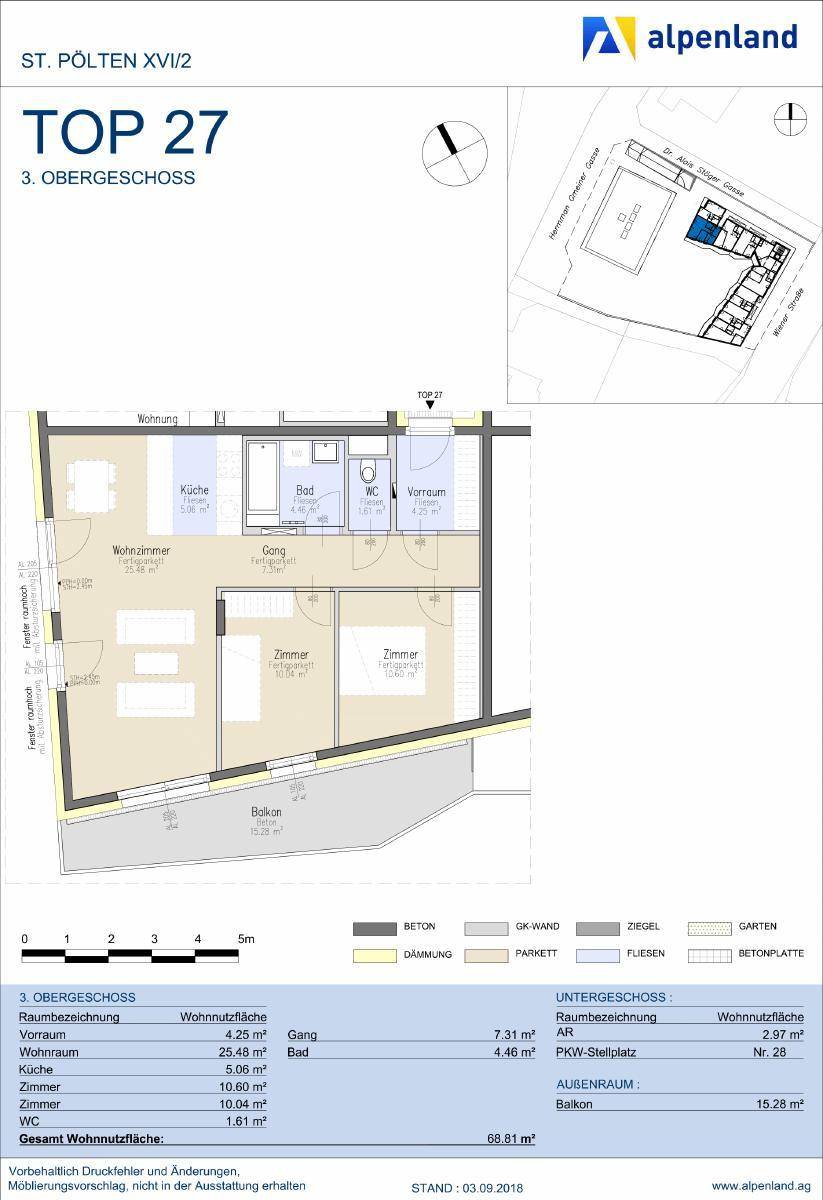 Grundriss der Wohnung TOP 27 im 3. Obergeschoss mit Wohnzimmer, Küche und Balkon.