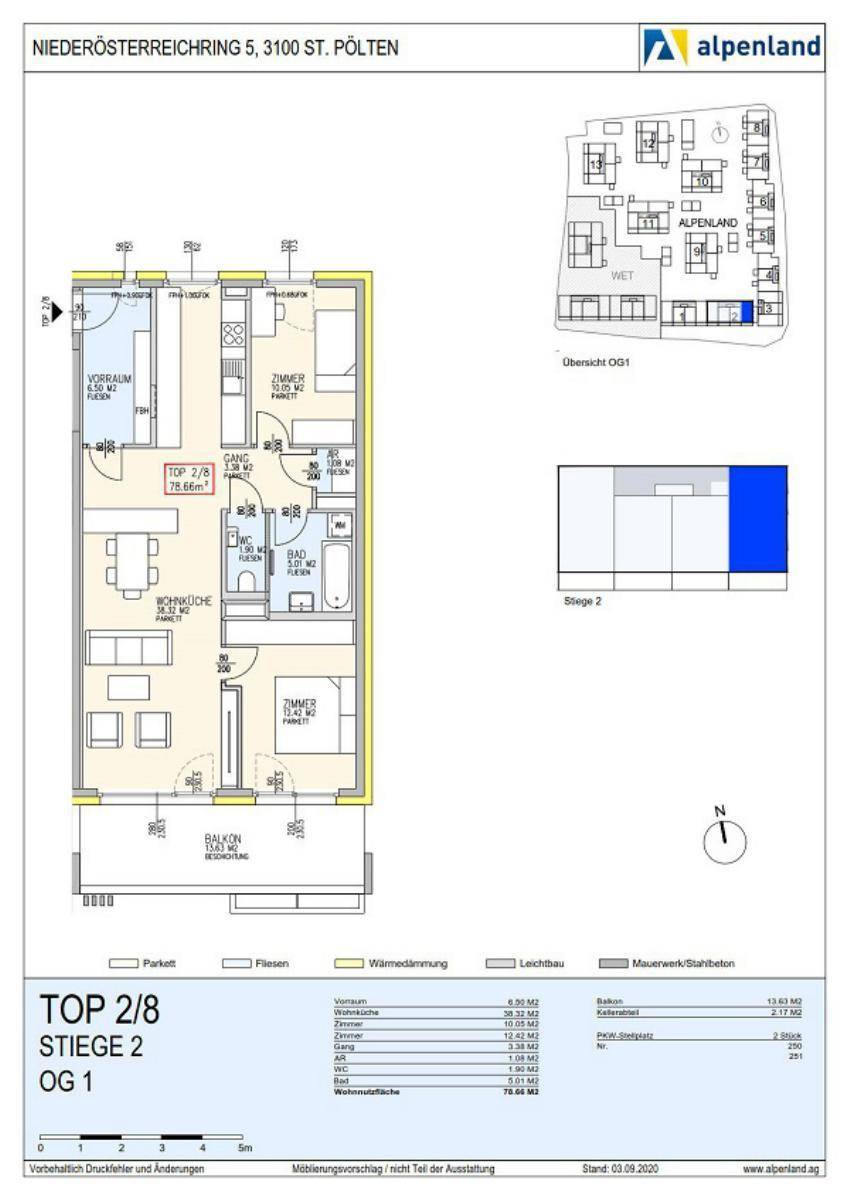 Detaillierter Grundriss einer Wohnung mit zwei Schlafzimmern, Balkon und offenem Wohnbereich.
