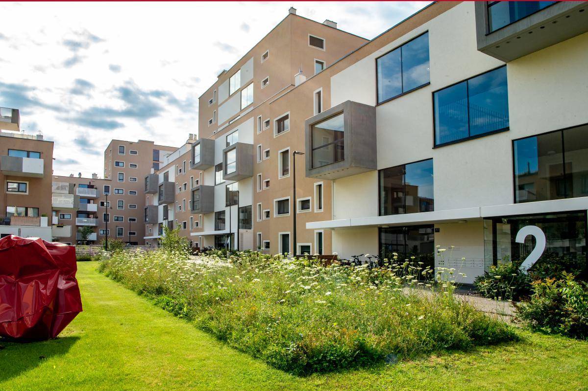 Zeitgenössische Apartmentgebäude mit großen Fenstern und begrünten Außenbereichen unter blauem Himmel.