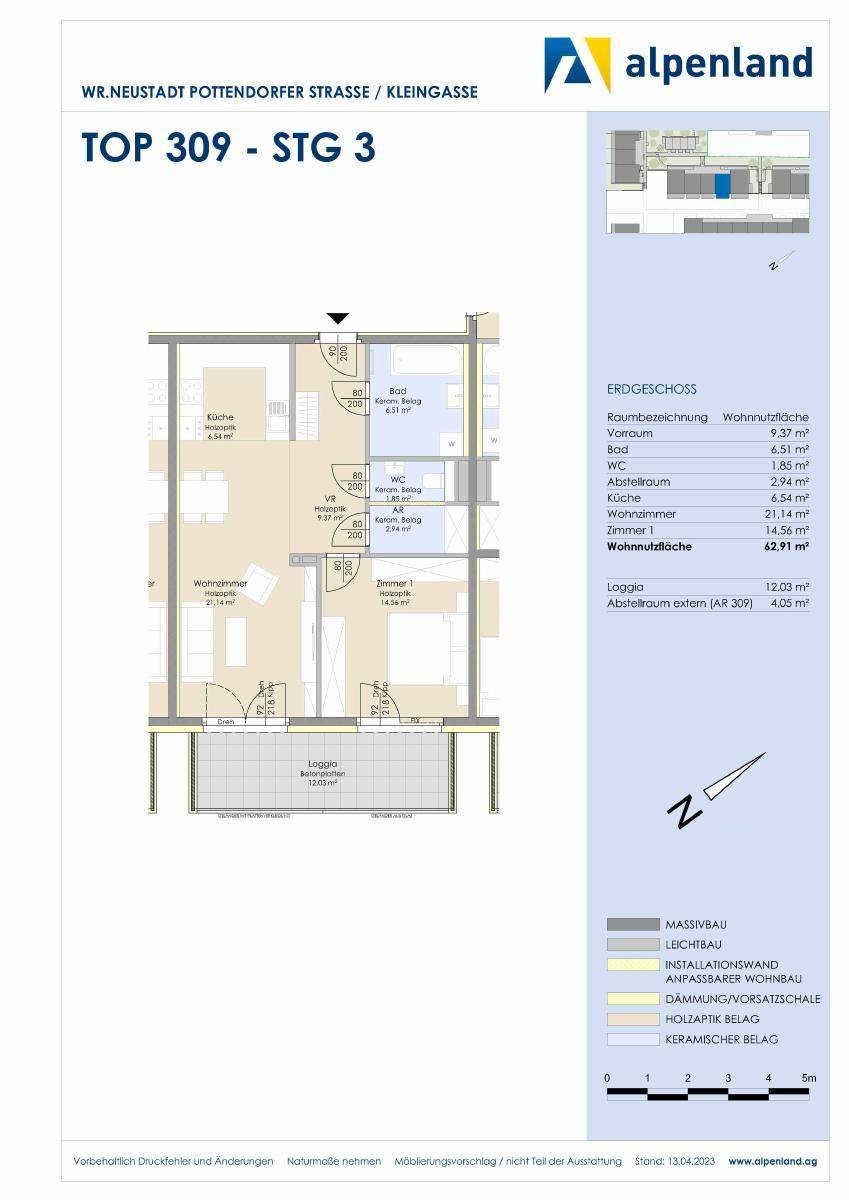Grundriss der Wohnung TOP 309 mit Wohnzimmer, Schlafzimmer und Loggia.