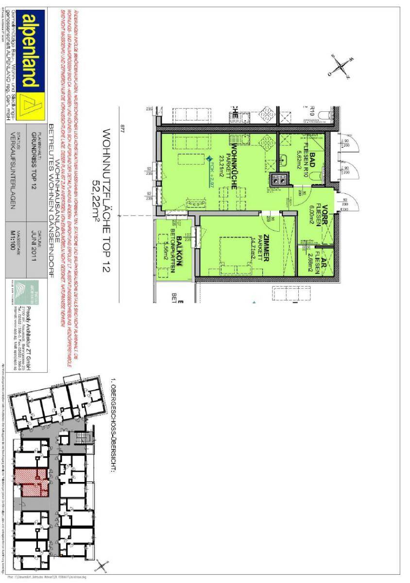 Grundriss einer Wohnung mit offener Wohnküche, Schlafzimmer und Balkon.