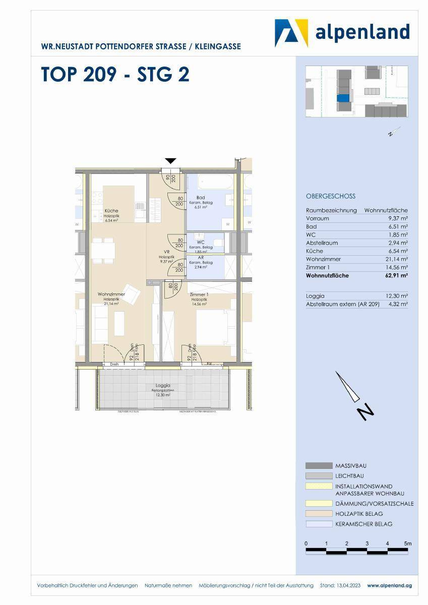 Grundriss der Wohnung TOP 209 mit offener Küche, Loggia und separatem Abstellraum.