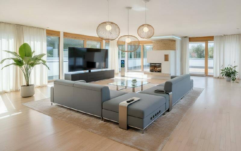 Helles und geräumiges Wohnzimmer mit modernen Möbeln, Kamin und Zugang zur Terrasse.