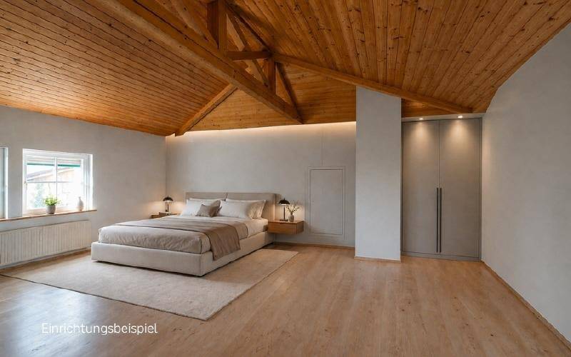 Modernes Schlafzimmer mit Holzbalkendecke, Einbauschränken und viel natürlichem Licht.