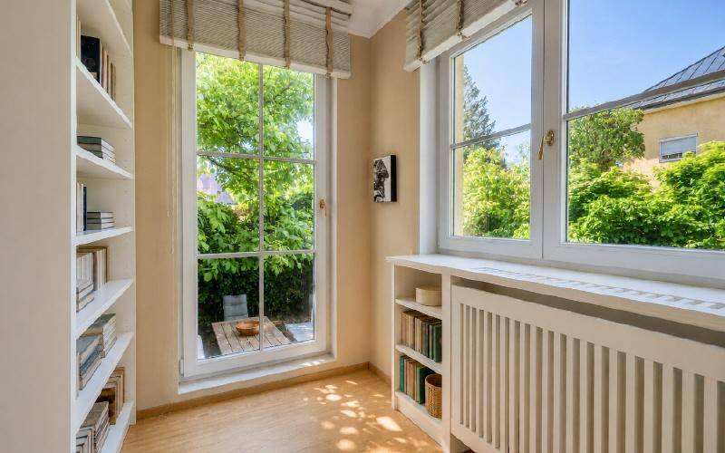 Heller Raum mit Bücherregalen, großen Fenstern und Blick auf den grünen Garten.