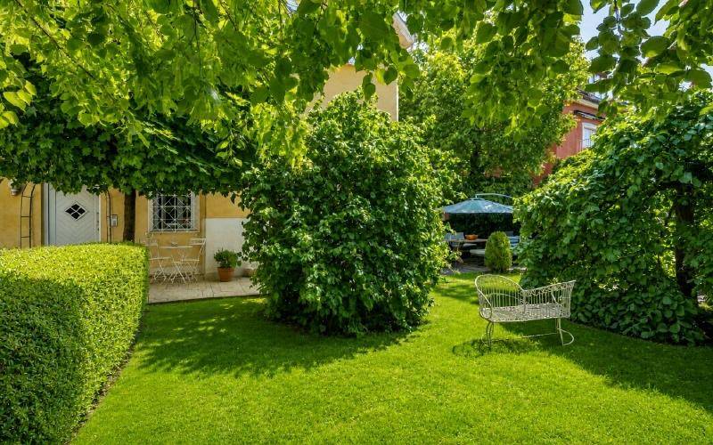 Gepflegter Garten mit Rasenfläche, schattenspendenden Bäumen und einer kleinen Terrasse.
