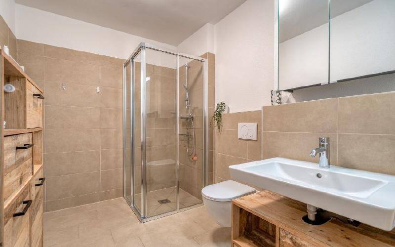 Modernes Badezimmer mit beigefarbenen Fliesen, Duschkabine und Holzwaschtisch.