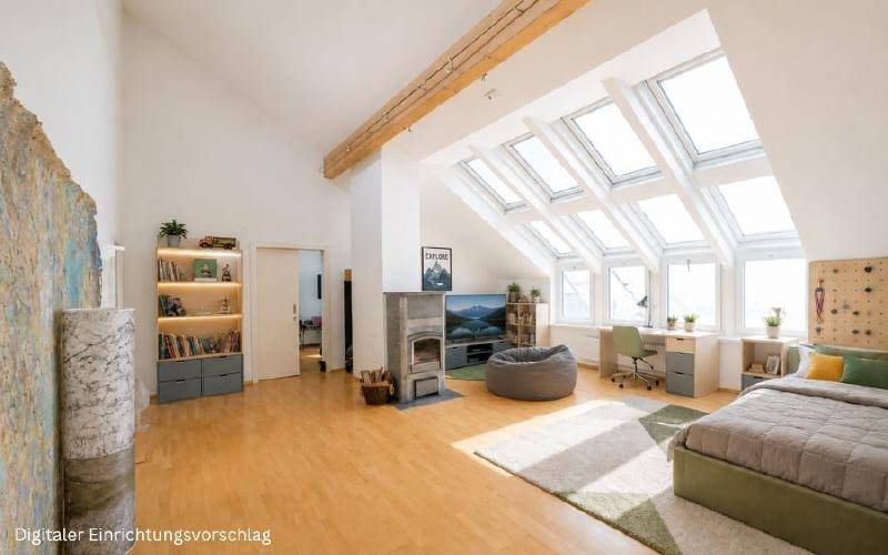 Großzügiges Schlafzimmer im Dachgeschoss mit vielen Dachfenstern, Holzbalken und Kaminofen.
