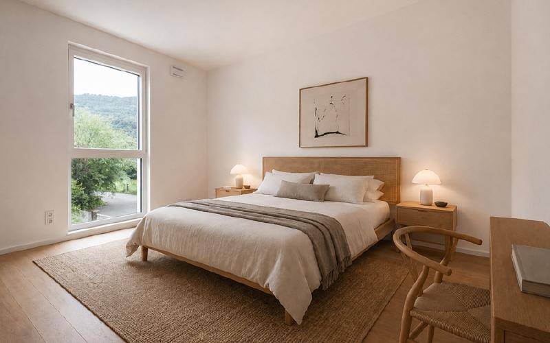 Helles Schlafzimmer mit Holzbett, Parkettboden und großem Fenster mit Blick ins Grüne.