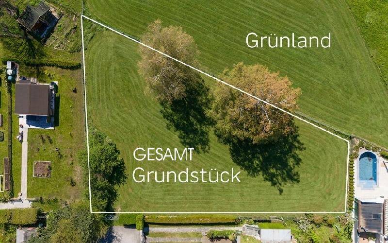 Luftaufnahme eines großen grünen Grundstücks mit Bäumen und angrenzendem Poolbereich.