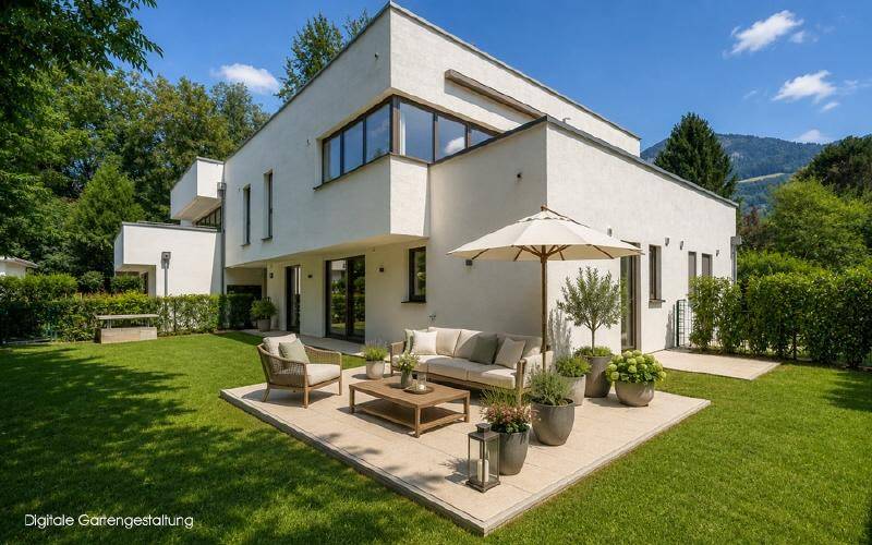 Moderne Villa mit großer Sonnenterrasse, gepflegtem Garten und Bergblick unter blauem Himmel.