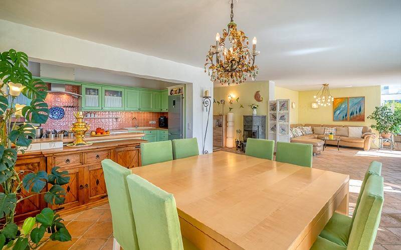 Offener Wohn- und Essbereich mit Holztisch, grünen Stühlen und einer Küche im Hintergrund.