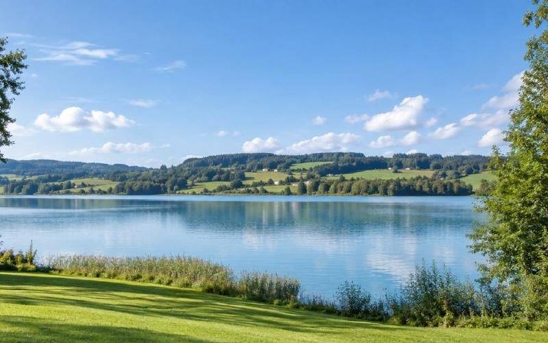 Ruhiger See mit grünen Ufern und bewaldeten Hügeln unter einem weiten blauen Himmel.