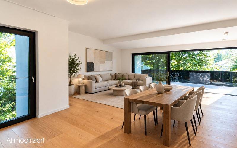 Heller, offener Wohn- und Essbereich mit modernem Design, Holzboden und Zugang zur Terrasse.