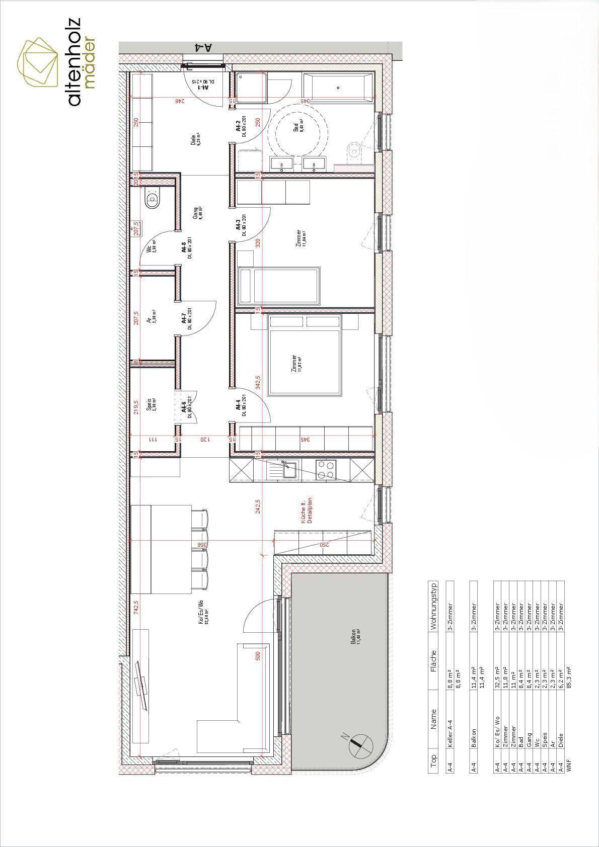 Grundriss einer Wohnung mit offenem Wohnbereich, zwei Schlafzimmern, Bad, separatem WC und Balkon.
