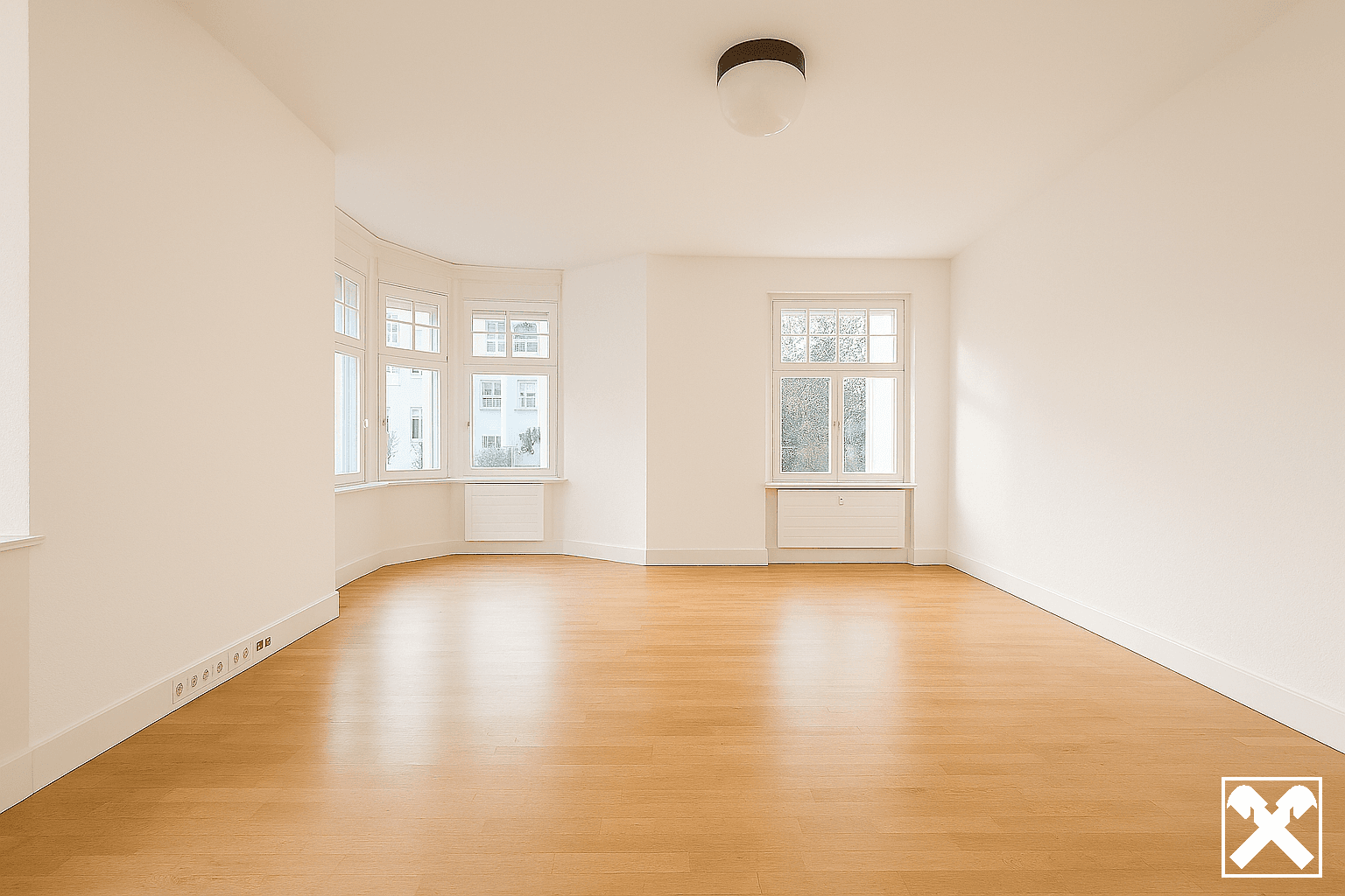Heller Raum mit Erkerfenstern und Holzboden, der viel natürliches Licht in den Wohnbereich bringt.